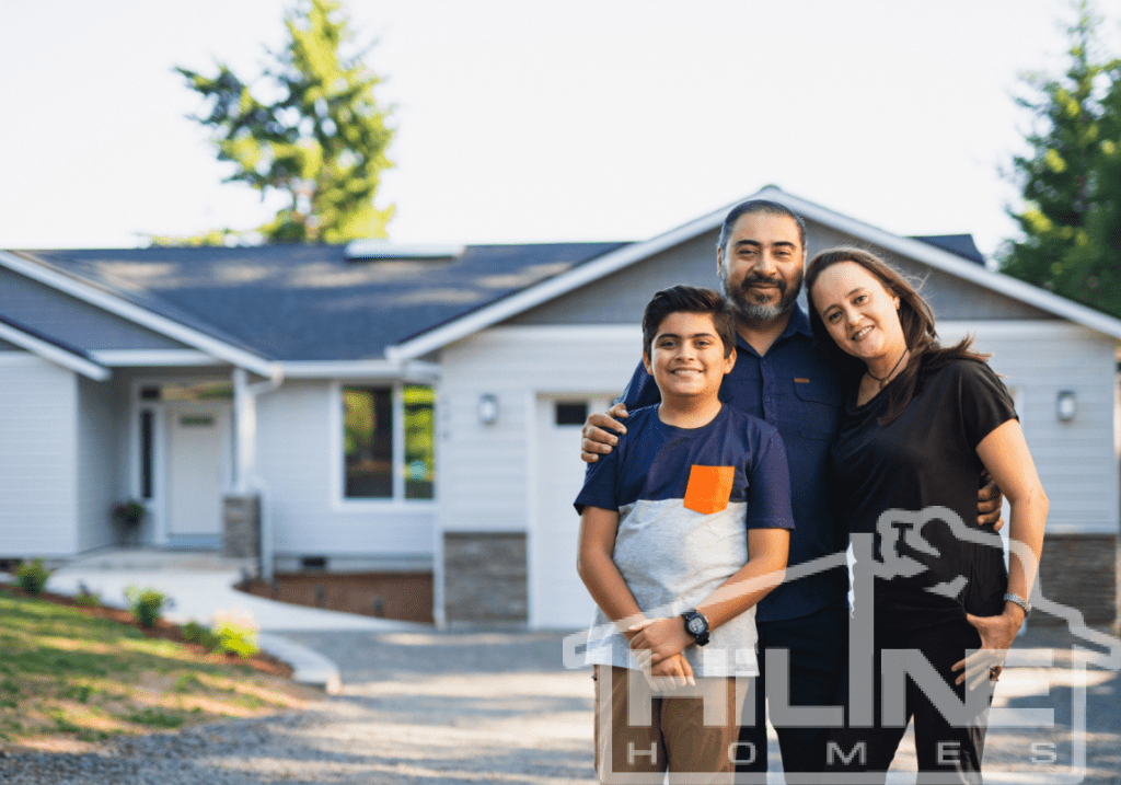 A small, happy family in front of their home.