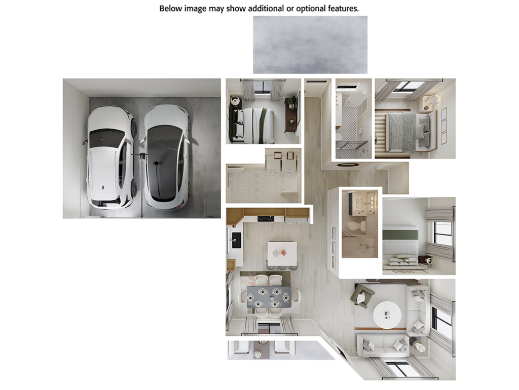 Home Plan 1248 3D floor plan top view with upgrades.