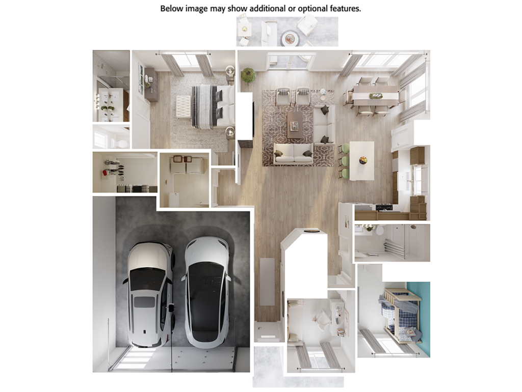 Home Plan 1494L 3D floor plan top view with upgrades.