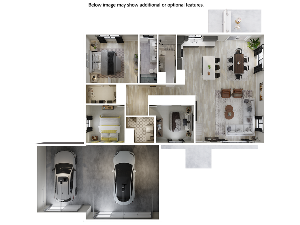 Home Plan 1664 3D floor plan top view with upgrades.