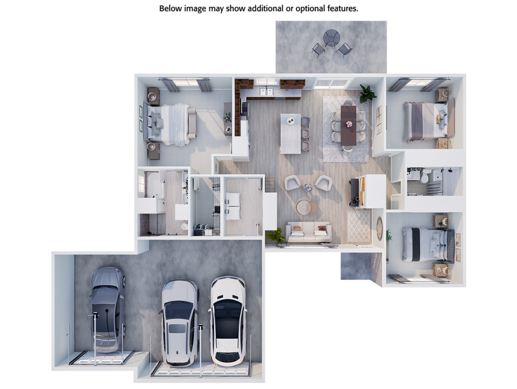 Home Plan 1721 3D floor plan top view with upgrades.