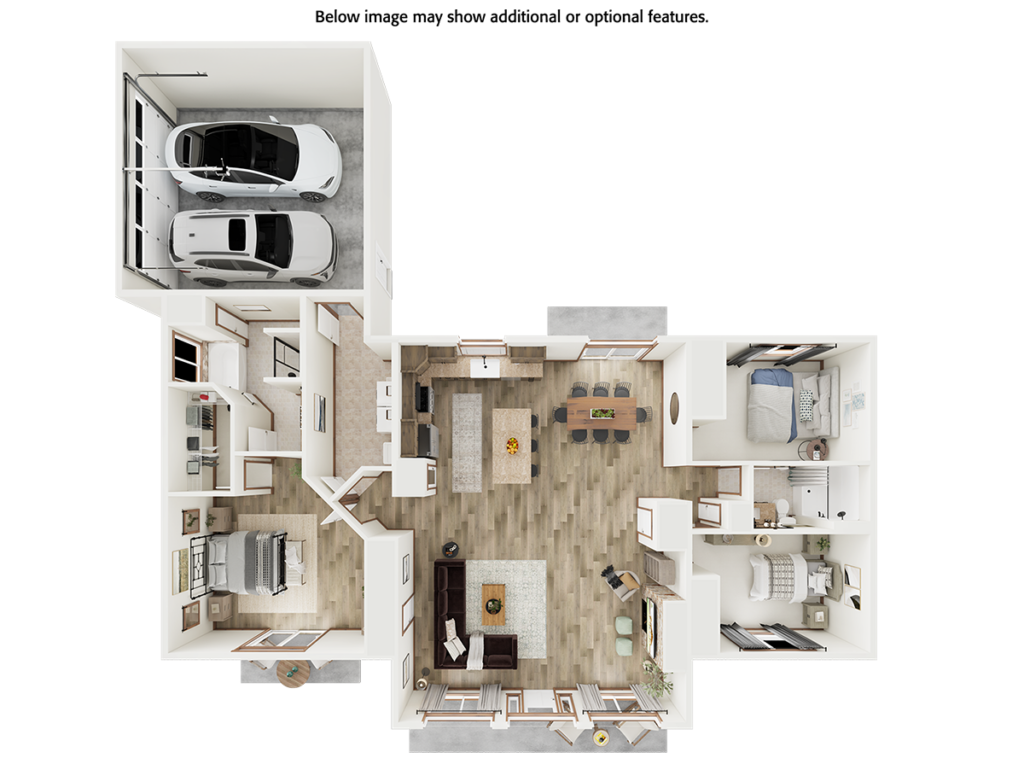 Home Plan 1964L 3D bird eye view of floor plan layout with upgrades.