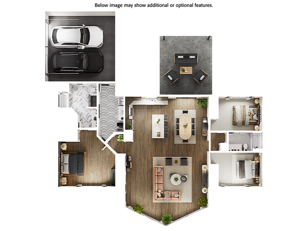 Home Plan 2041L 3D floor plan top view with upgrades.