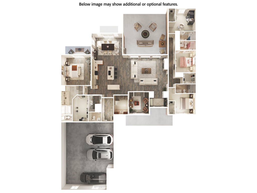 Home Plan 3295 3D floor plan top view with upgrades.