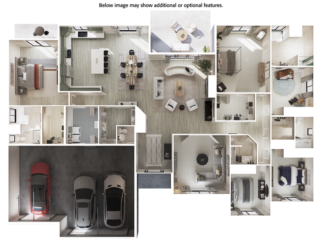 Home Plan 3464L 3D floor plan top view with upgrades.