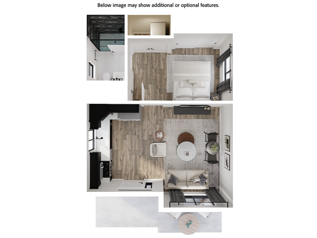 Home Plan 500A-L 3D floor plan top view with upgrades.