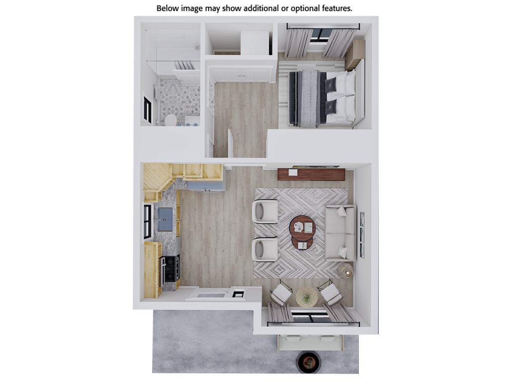 Home Plan 500B-L 3D floor plan top view with upgrades.