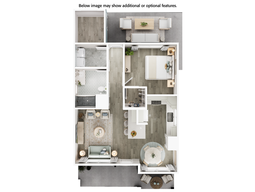 Home Plan 800L 3D floor plan top view with upgrades.