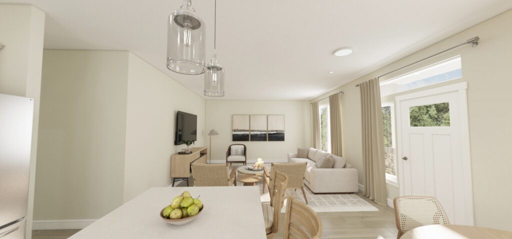 Home Plan 1200 kitchen island looking into living room.