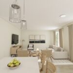 Home Plan 1200 kitchen island looking into living room.