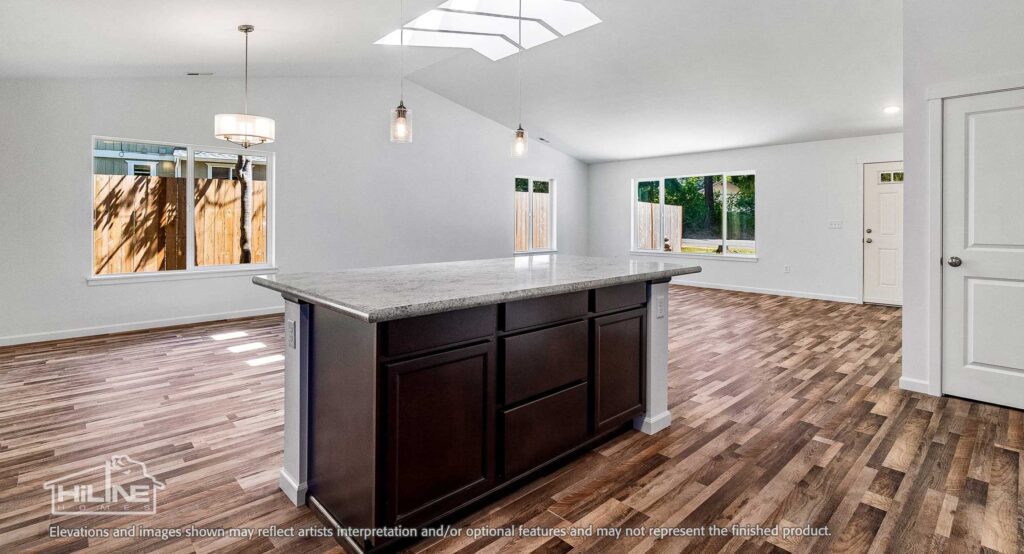 Home Plan 1664 kitchen, living, and dining.