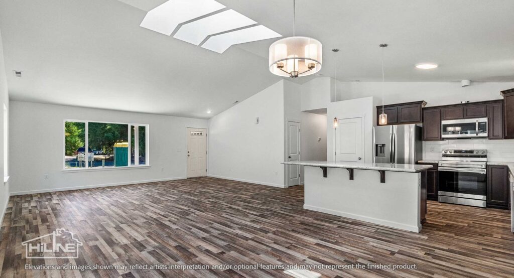 Home Plan 1664 kitchen, living, and dining.