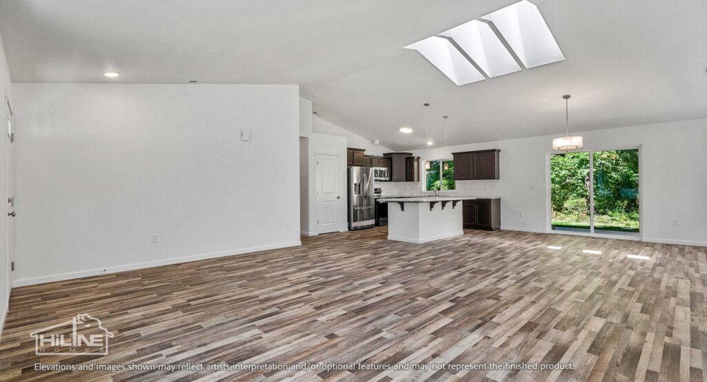 Home Plan 1664 kitchen, living, and dining.