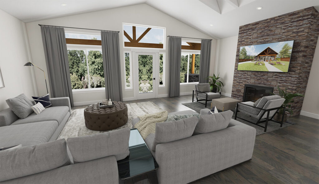 View from the living room out the widows to the timber frame porch.