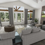 View from the living room out the widows to the timber frame porch.