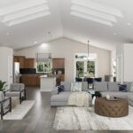 Open living space of living, dining, and kitchen in home plan 1780.