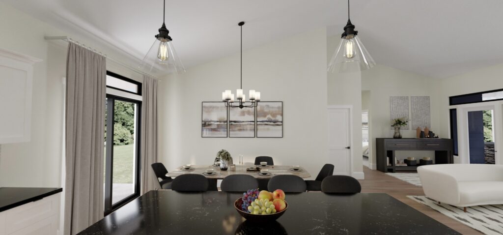 Home Plan 1940B kitchen island and dining room.