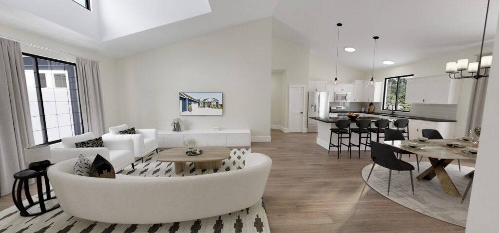 Home Plan 1940B kitchen, great room, and dining room.