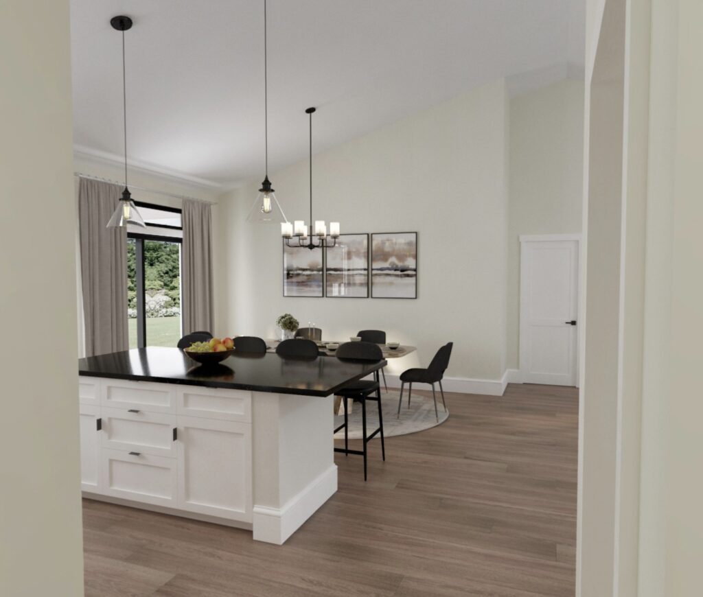 Home Plan 1940B kitchen island and dining room.
