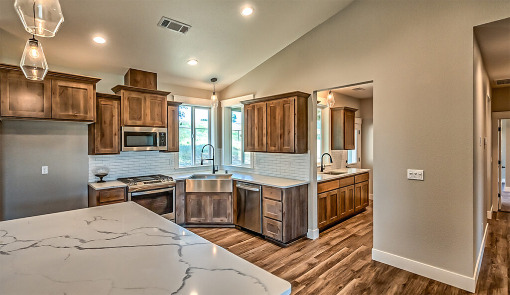 Custom kitchen with wood cabinets.