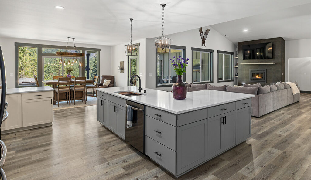 Kitchen to dining and living room.