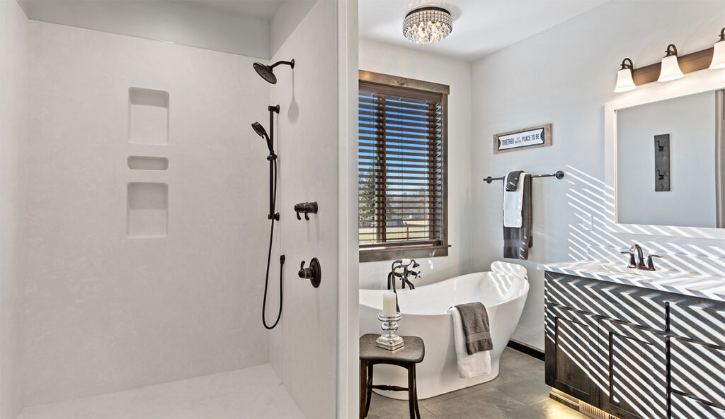 Custom bathroom with soaker tub and walk-in shower.