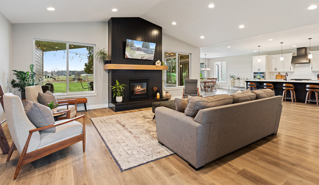 Living room with custom fireplace.