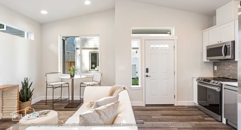 Home Plan 500A living, kitchen, and entry.