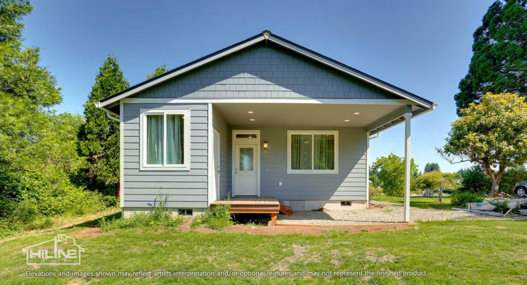 Home Plan 800 back exterior outdoor living space covered porch and storage.