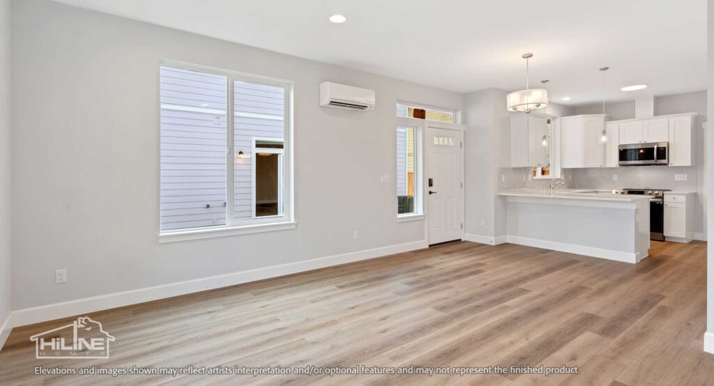 Home Plan 875 living, dining, and kitchen.