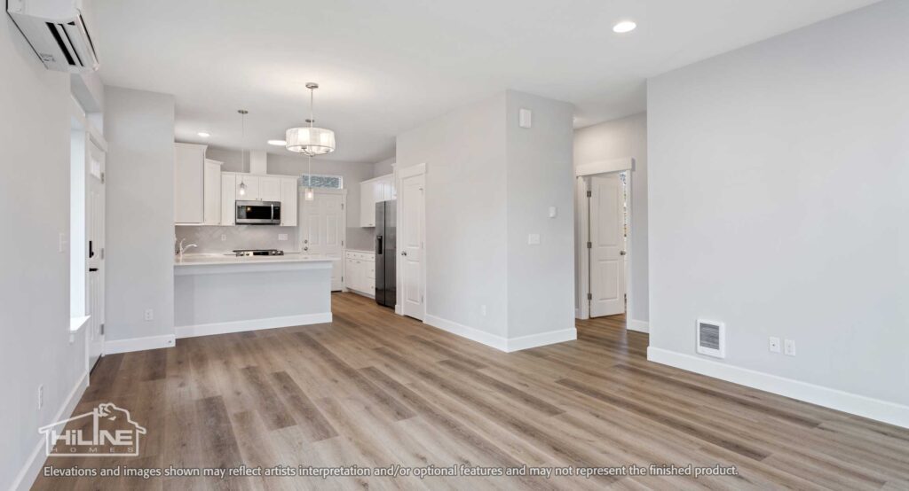 Home Plan 875 living, dining, and kitchen.