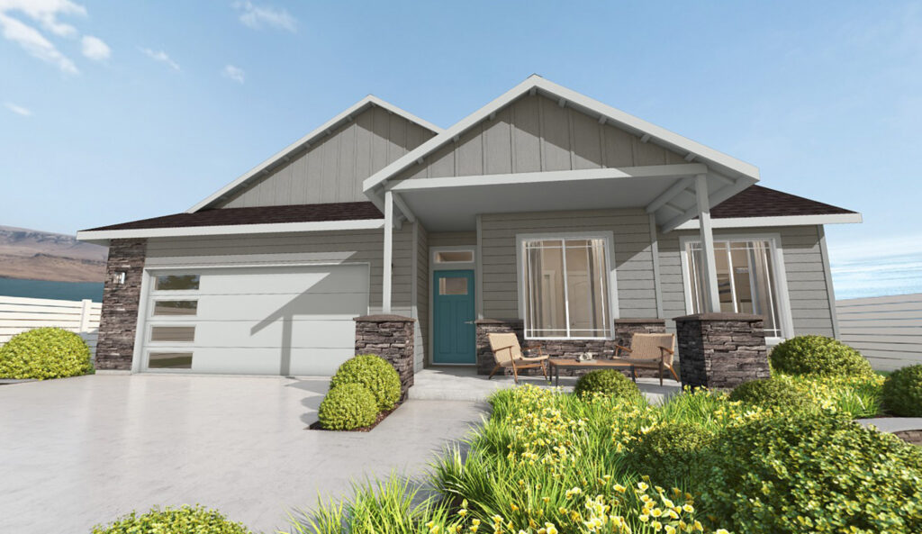 Home Plan 1494 front exterior with upgrades.