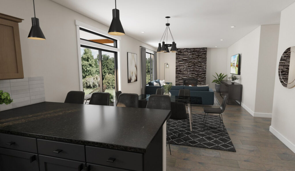 Home Plan 3072 kitchen, living, and dining room.