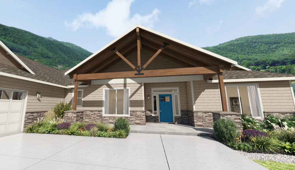 Home Plan 3295 3D front exterior with upgrades.