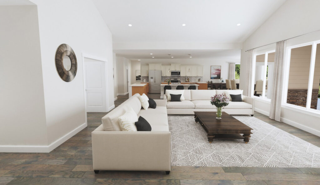 Home Plan 3295 great room and kitchen.