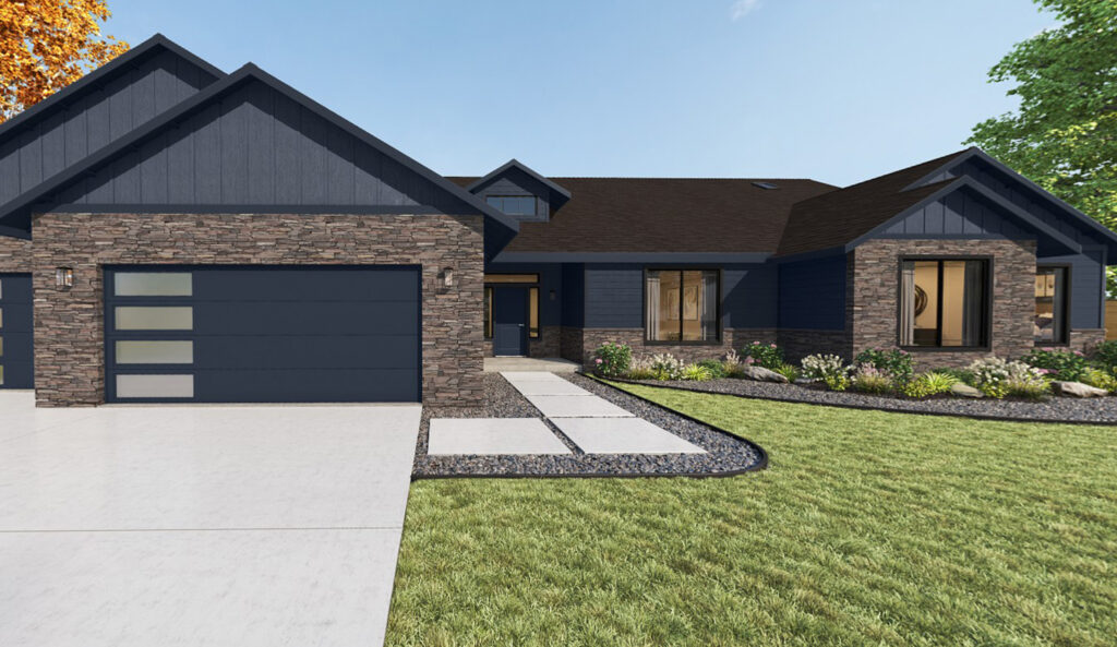 Home Plan 3464 3D front exterior with upgrades.