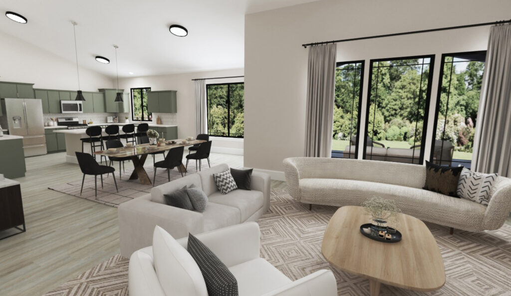 Home Plan 3464 great room, dining room, and kitchen.