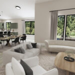 Home Plan 3464 great room, dining room, and kitchen.