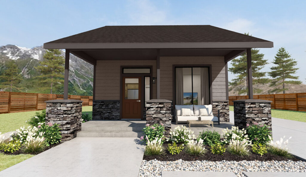 Home Plan 500B 3D tour front exterior rendering.