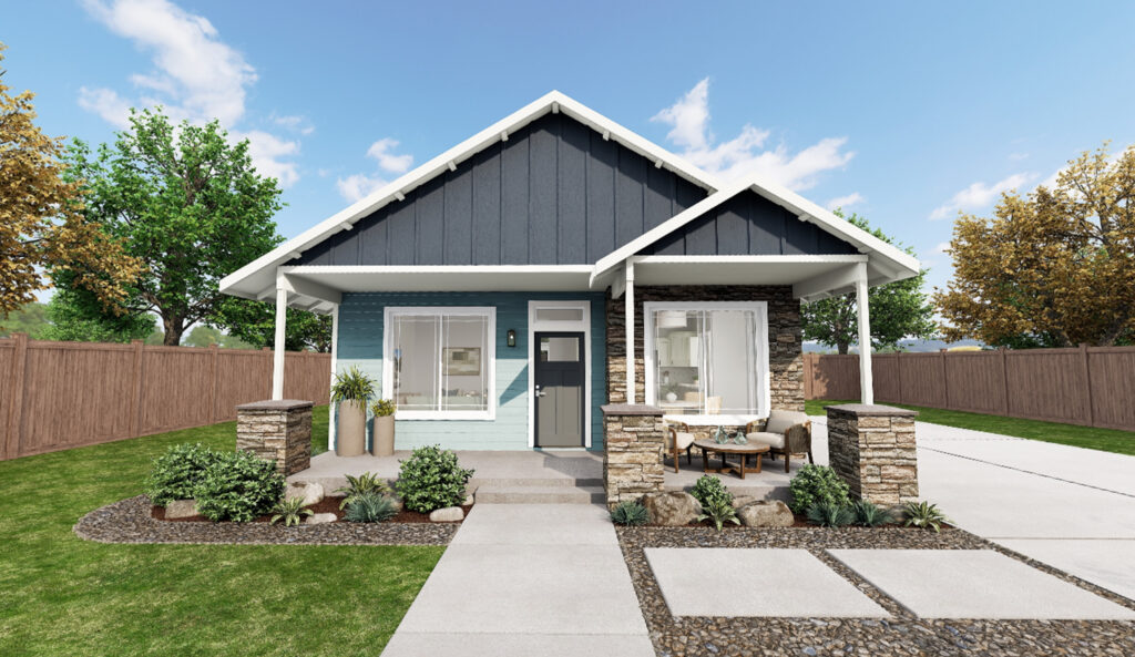 Home Plan 800 front exterior with upgrades.