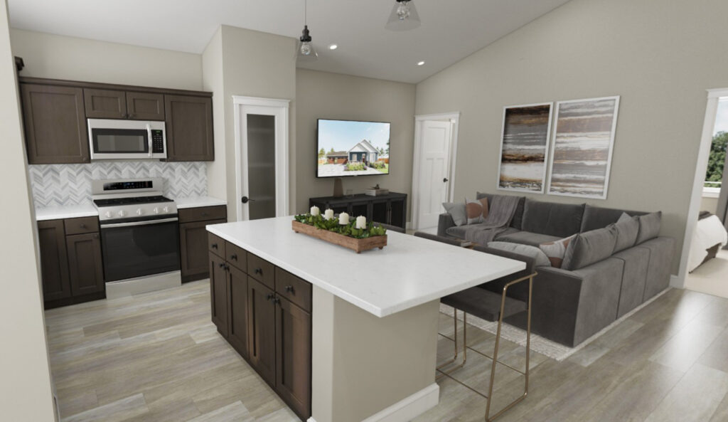 Home Plan 984 kitchen and living room.