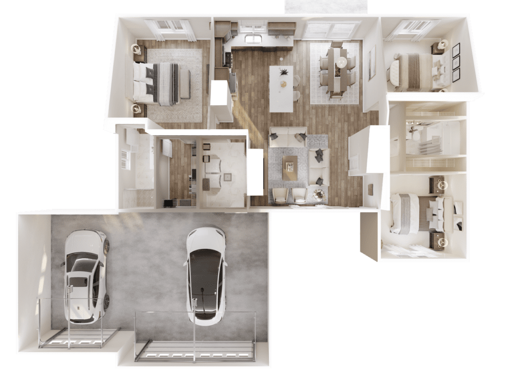 Home Plan 1491 floor plan layout in 3D.
