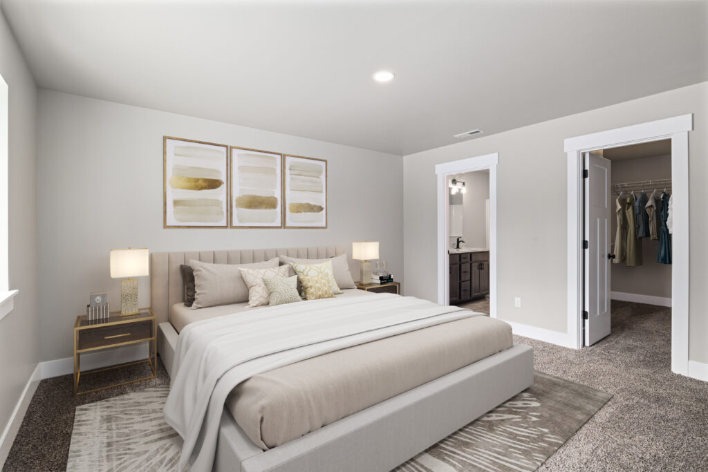 Modern, neutral color pallet primary bedroom.