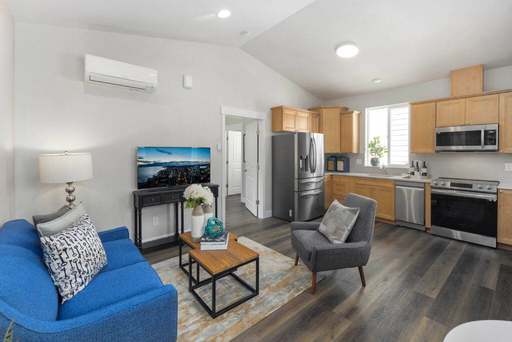 ADU Home Plan 500A interior living space with open concept kitchen.