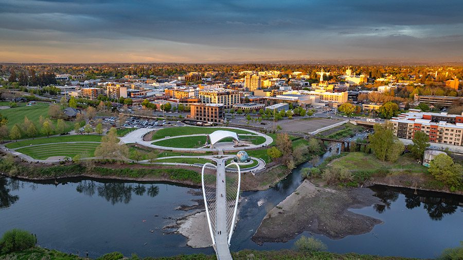 landscape with river and trees in spring Salem, Oregon.