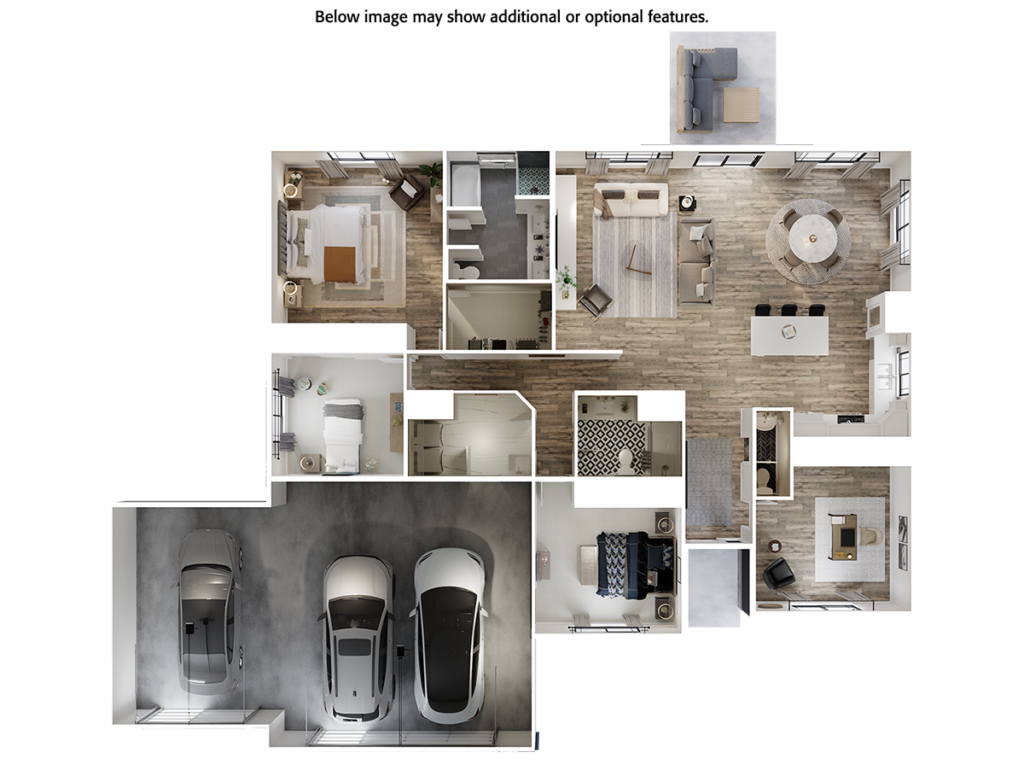 Home Plan 2147L 3D floor plan top view with upgrades.