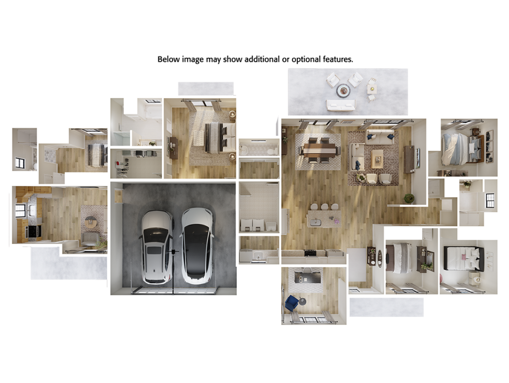 Home Plan 2318A-L with attached 500B 3D floor plan top view with upgrades.