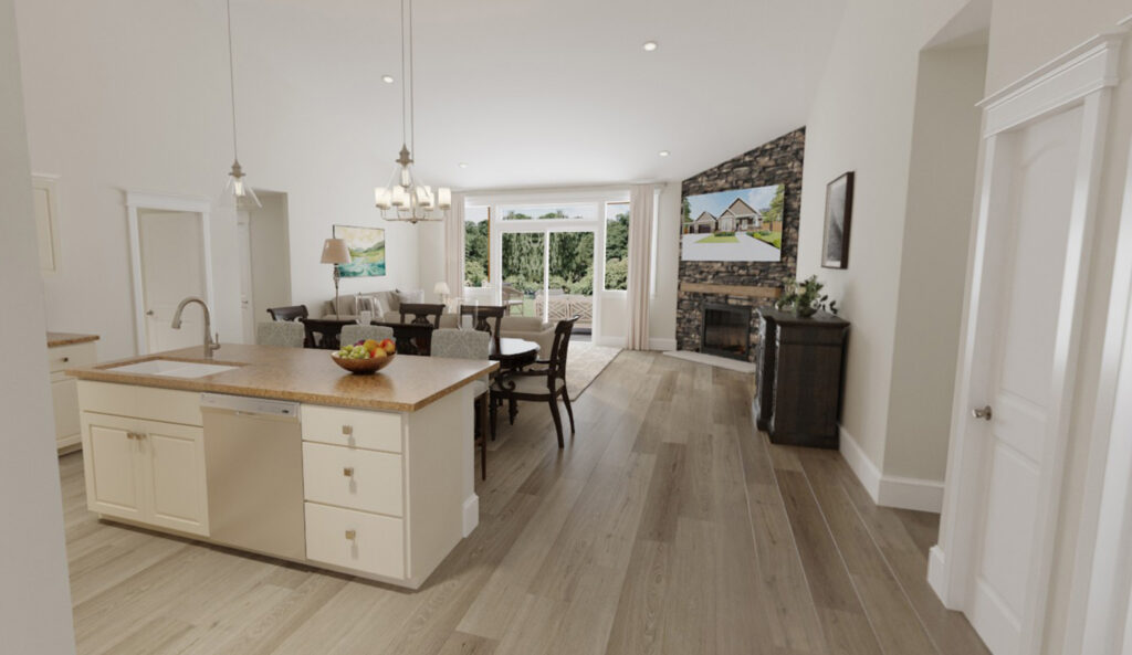 Home Plan 2494A kitchen, dining, and living room view.