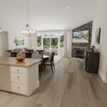Home Plan 2494A kitchen, dining, and living room view.