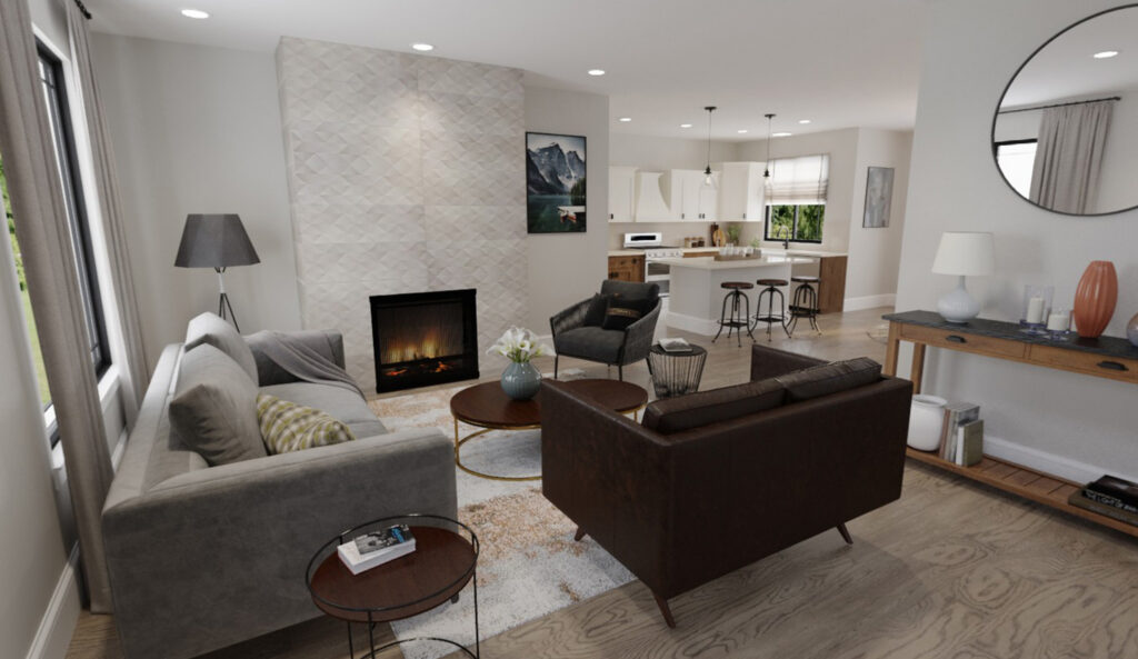 Home Plan 2700 living room with kitchen view.